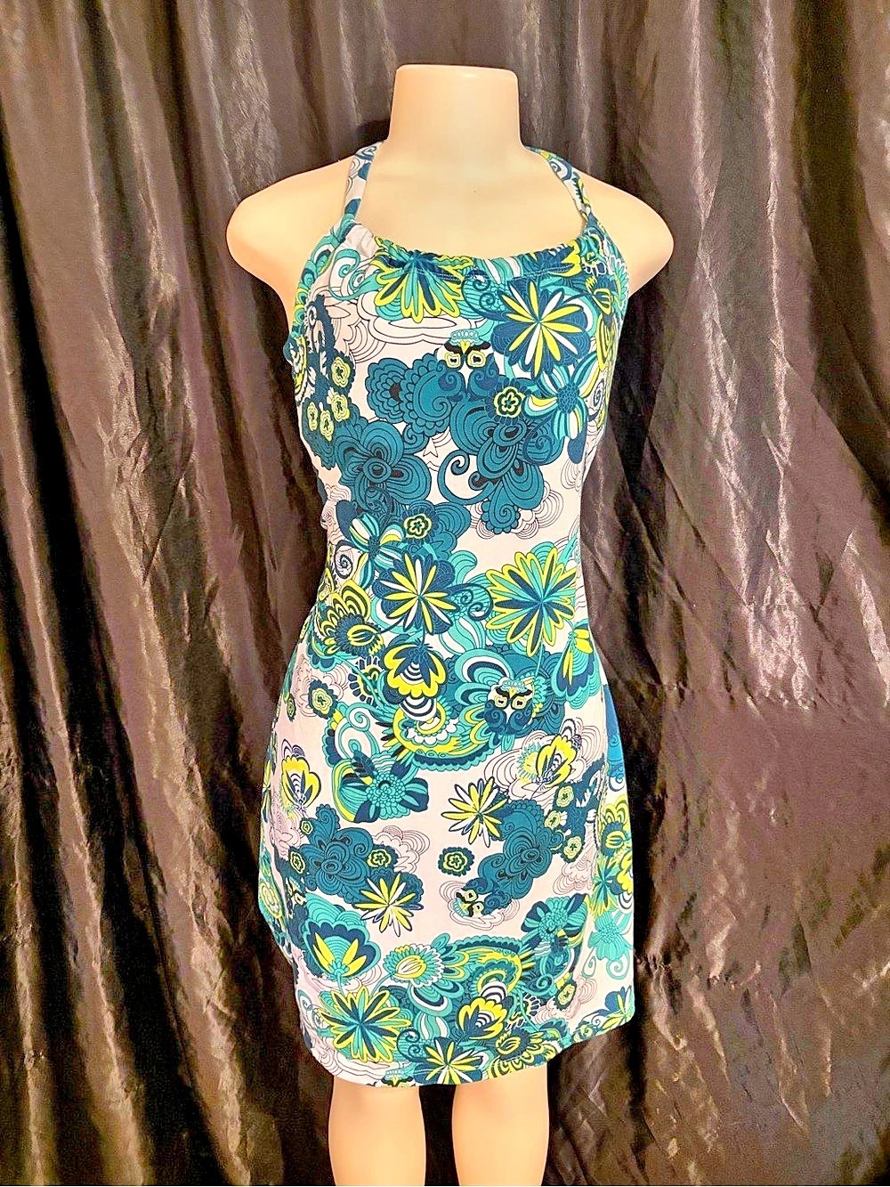 Y2K Breathe Floral Halter Mini Dress in Blue & Green